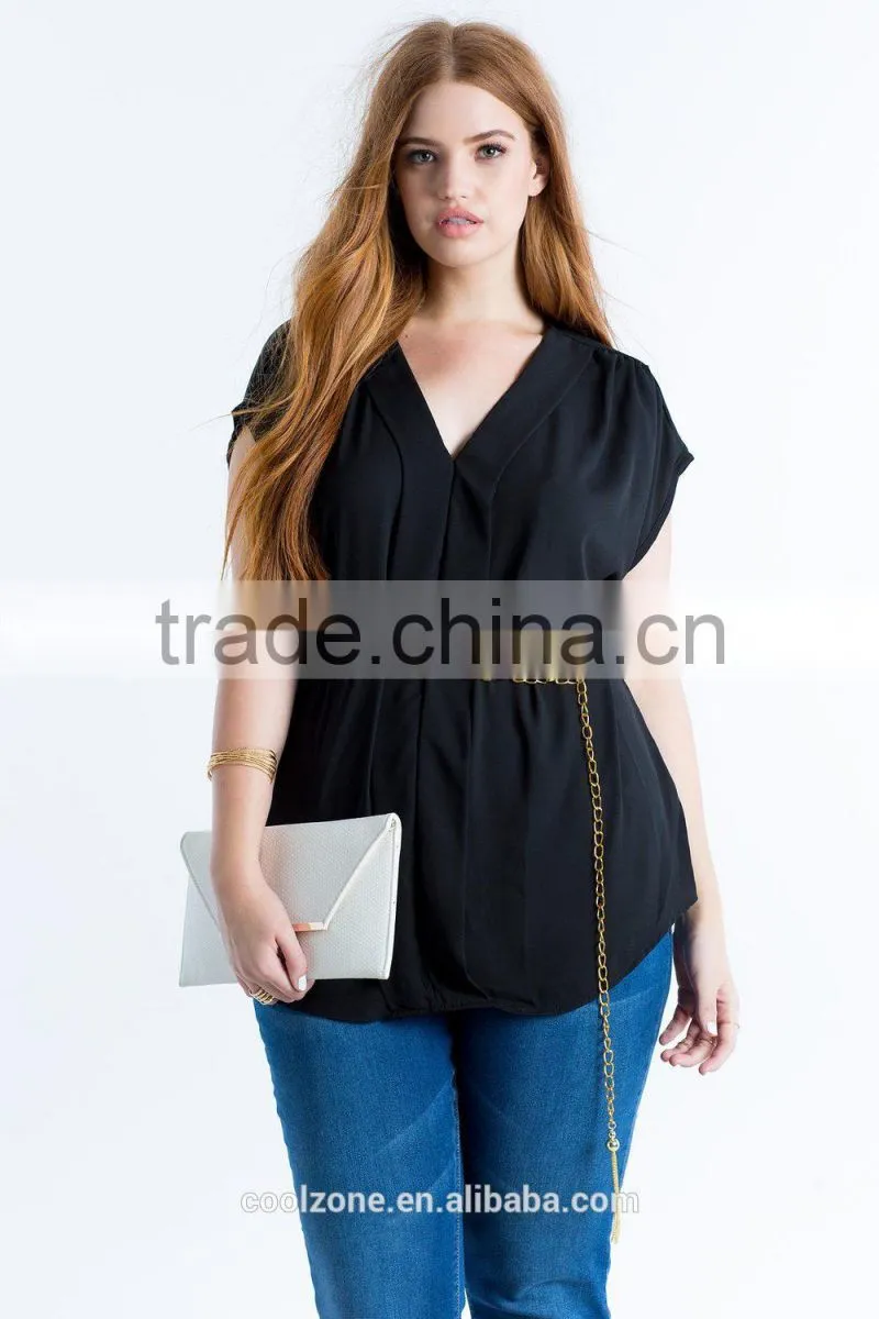 Relaxed V-neck pleated plus size chiffon blouse/woman top