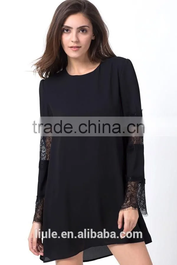 Latest Black Lace Decor Flare Sleeve Dress Ladies Chiffon A Line Dress