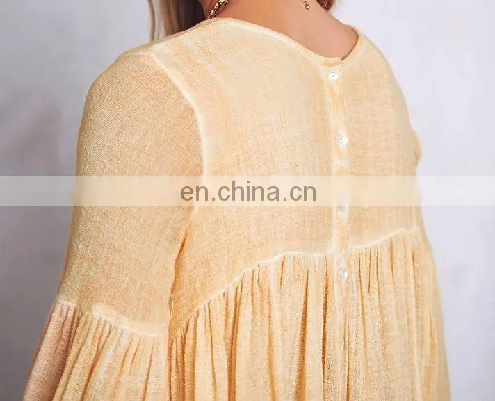 High quality 3/4 sleeve cotton yarn babydoll shirt , ladies gauze shirt