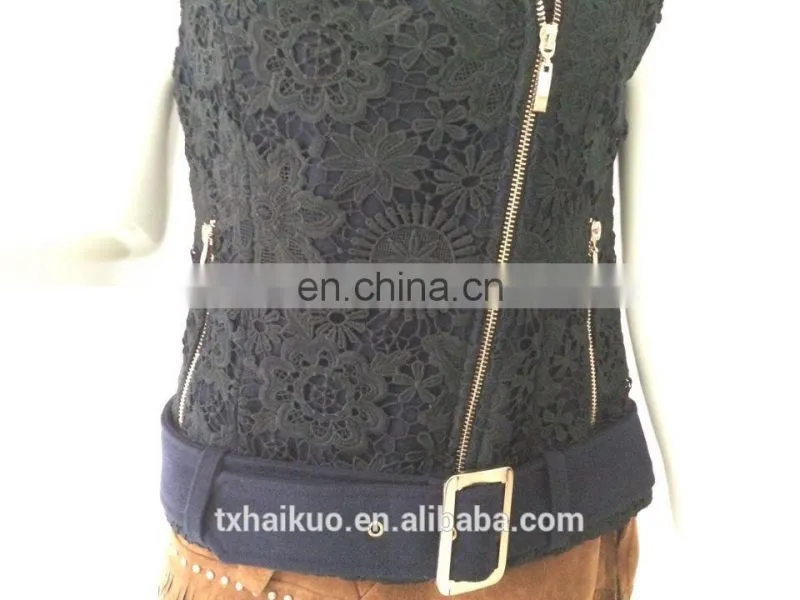 Ladies fashionable lapel sleeveless lace vest with belt