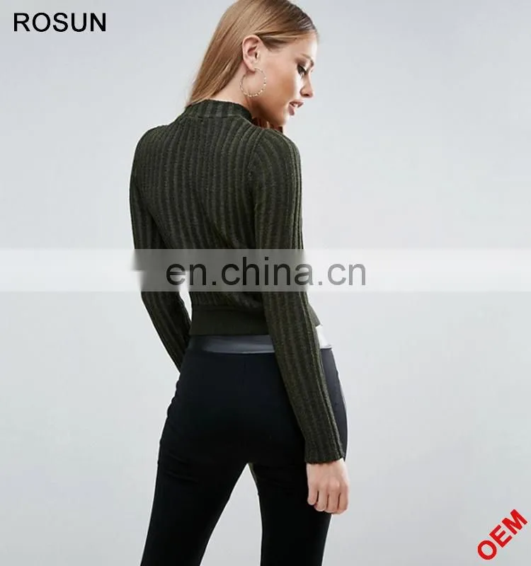 Rosun Newest Designs Collection Turtleneck Tie Waist Partten Ribbed Knit Jumper