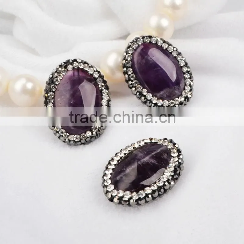 Wholesale natural raw uraguay amethyst beads boho CZ jewelry, black rosary druzy amethyst beads with zircon pave cap