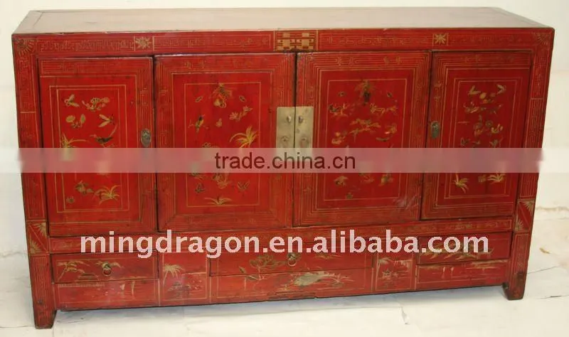 Chinese Antique Red Colour Golden Painting Kang Cabinet With Four Drawer Four Door 157*45*90cm