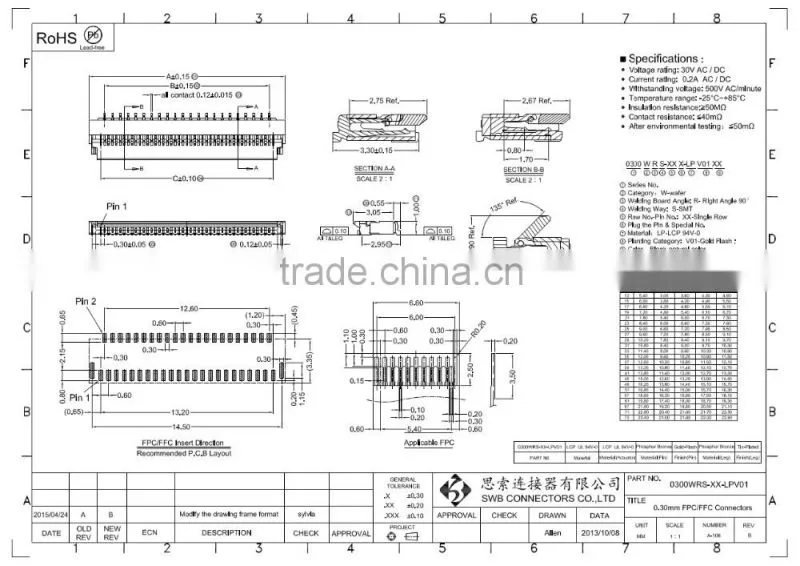 0.3mm Pitch electronic male and female FPC cable connectors