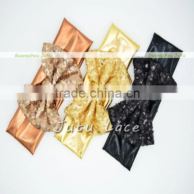 Beautiful Fancy Baby Knit Headbands with Bows - glitter sequin bow with shiny elastic hairbands