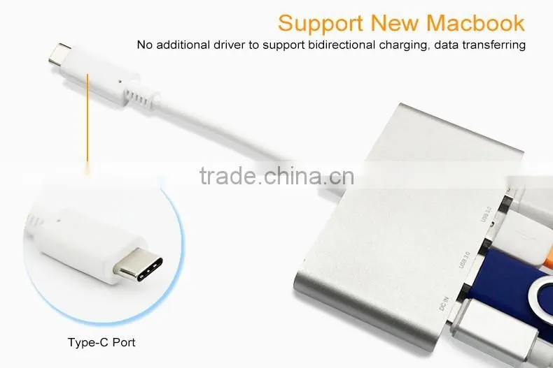 USB Type-C 3.1 Hub, USB-C to 3-Port USB 3.0 Aluminum Hub with 1 Type C Charger Port for the New Macbook, Google Chrome Book