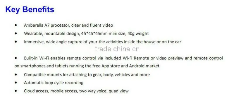High-end AMBA A7 HD 720P mini camera ip wireless camera video car dvr RLC-08WF