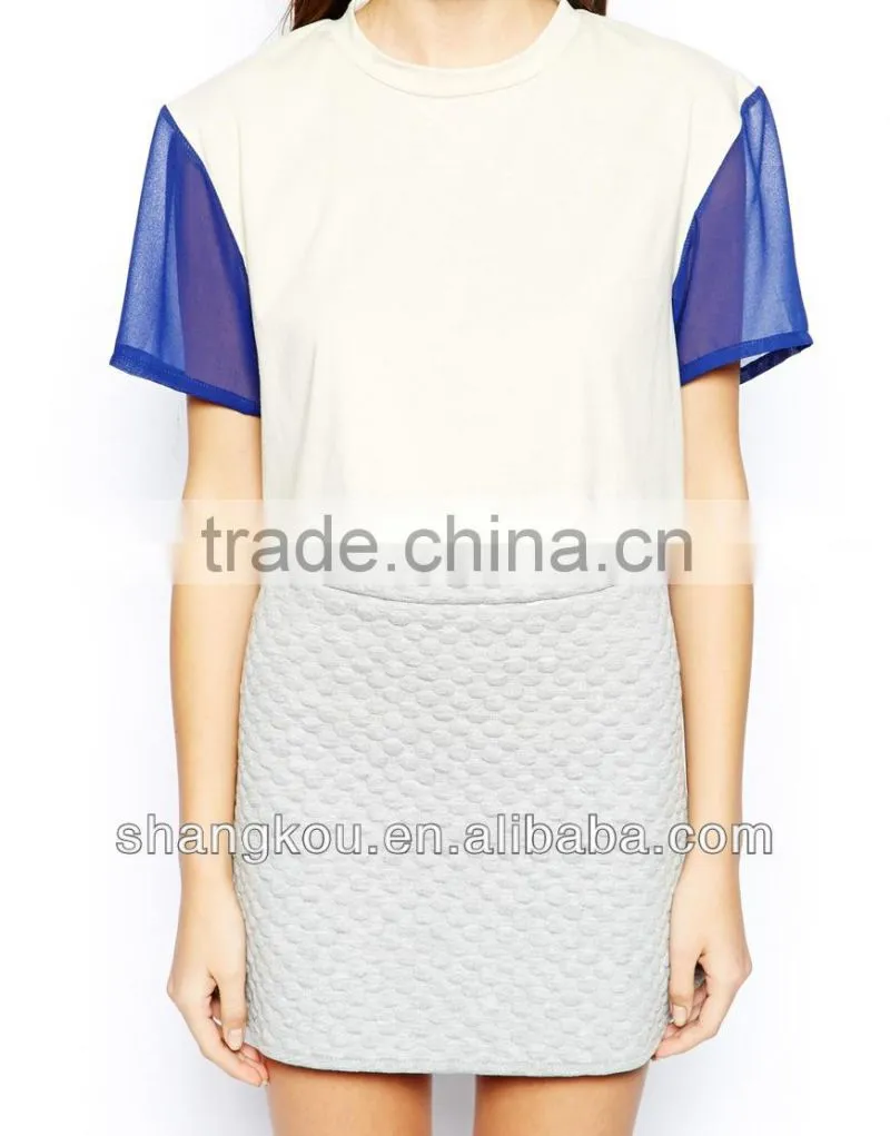 2014 ladies fashion dip back crop t-shirts with sheer sleeve