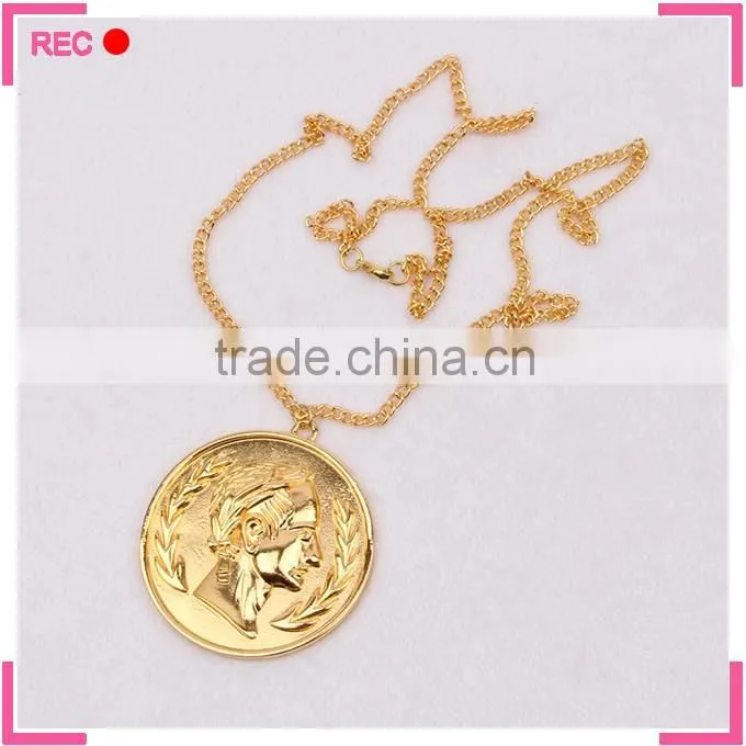 Imitation gold plated necklace with badge pendant, gold necklace without stones