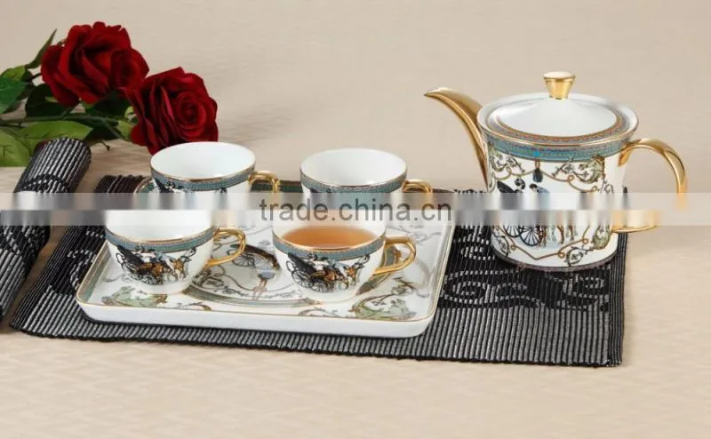 Porcelain figure painting 6pcs bone china tea set with tray
