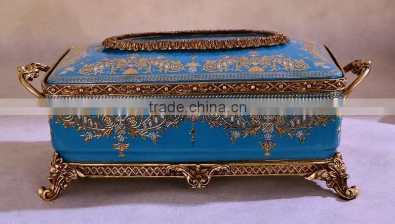 Luxury royal home appliance yellow color flower painting ceramic and brass decorative tissue box