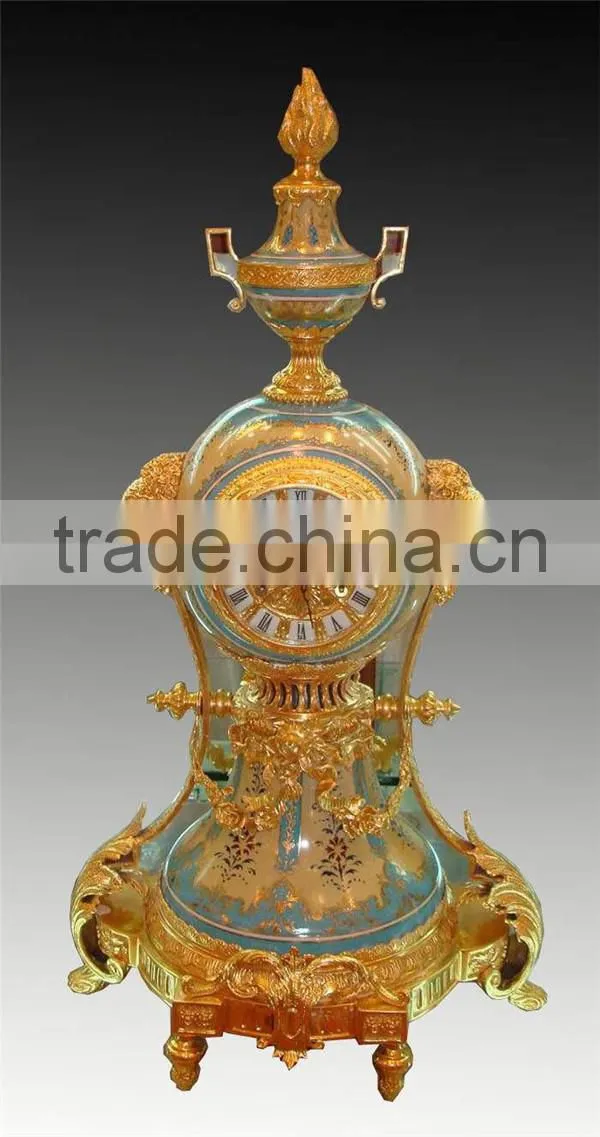 New Arrival Ornamental Cast Brass Mounted Ceramic Table Clock, Gold Plated Hand Painted Turquoise Porcelain Table Clock