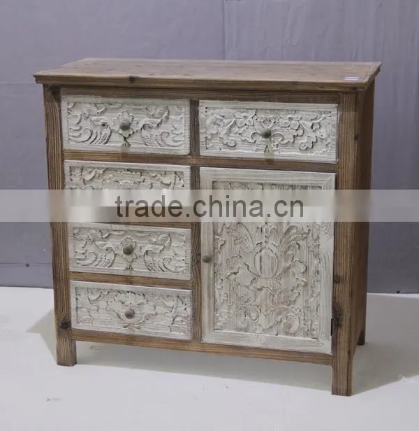 Shabby chic unfinished solid wood treasure chest of drawers with carved door and drawers