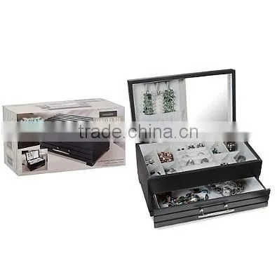 Black Leather Jewelry Box Watch Organizer Storage Case With Elegant Mirror