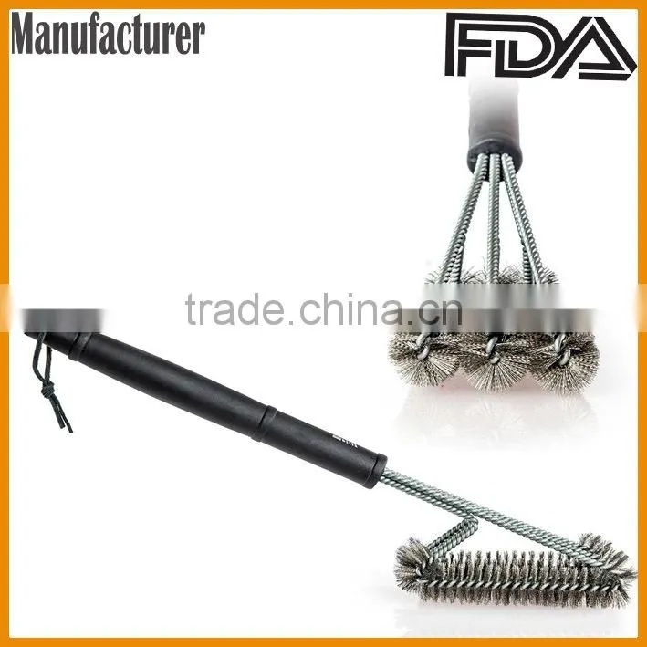 Triple grill brush ,BBQ cleaning tool stainless steel plastic handle brush