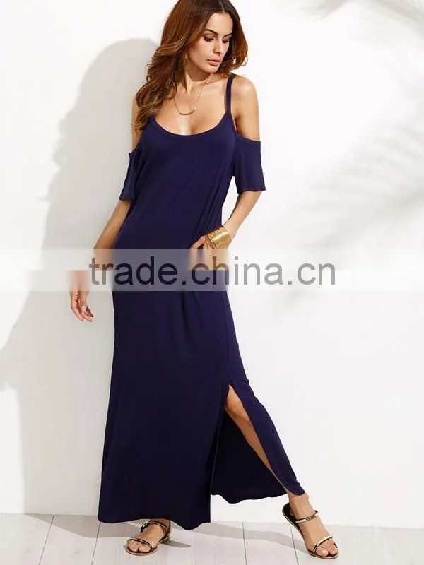 Woman Navy Pocket Cold Shoulder Split Maxi Dress