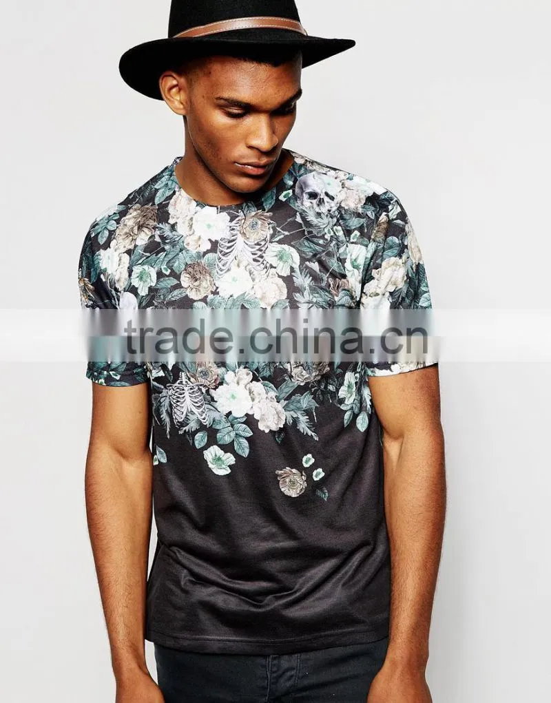 Stylish floral skull printed t shirt, sublimation printing t shirt wholesale