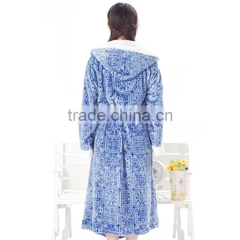 Soft coral fleece flannel bathrobe with hood
