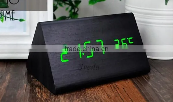 (Crazy Hot Selling)Wholesale Digital Wooden LED Alarm Clock,Wooden Table Clock,sound control Alarm Clock,Triangle wooden clock
