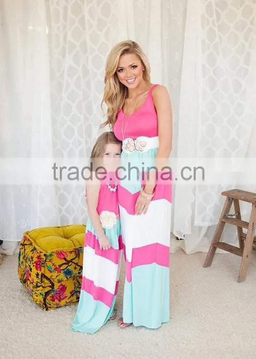 Wholesale Strip Long Dress Rose Red Green White Maxi Dress Mommy and Me Clothing