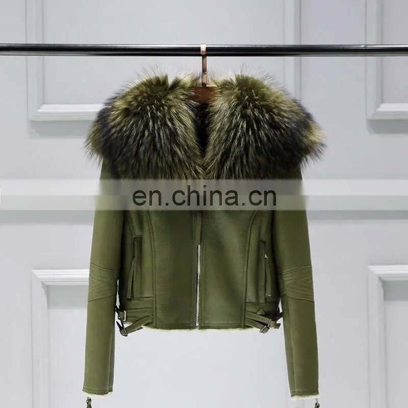 2017 High Quality Large Fluffy Real Raccoon Fur Collar Jacket Coat Lady Winter Sheepskin Genuine Sheep Leather Jacket Women