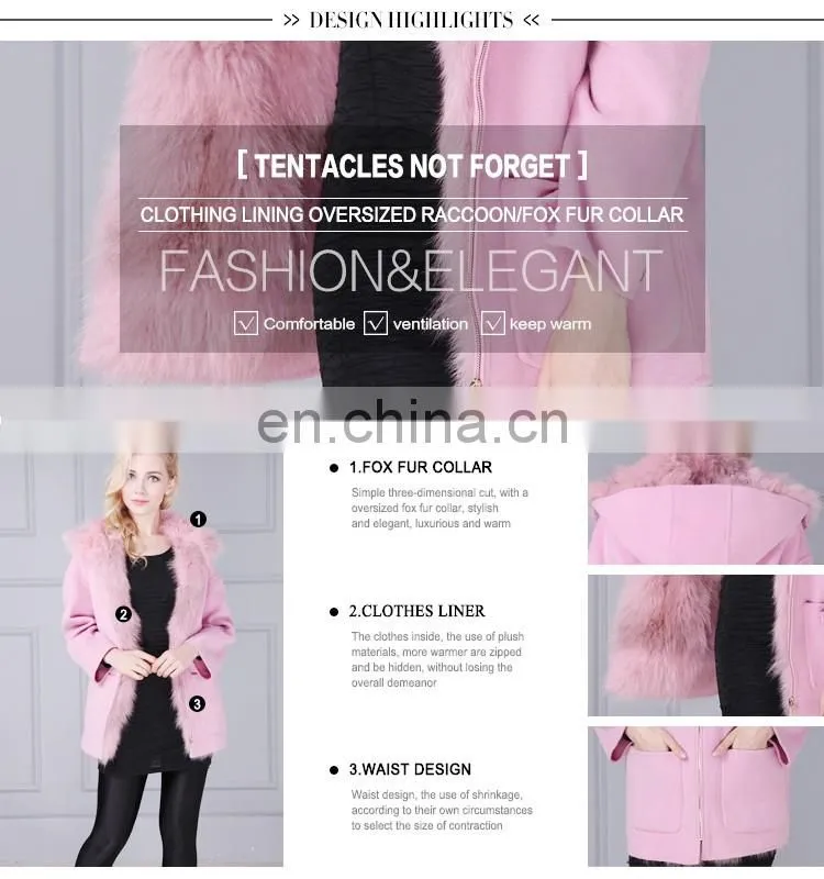 Pink cheap sheep wool fur coat with detachable fur inside