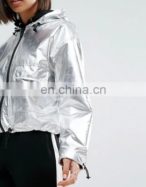 High quality female fashion design ladies hoody metallic jackets women outdoor long sleeve jackets facotry