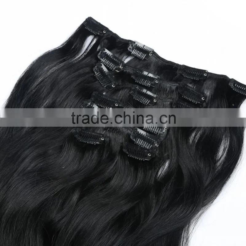 Natural black wavy Brazilian human hair extensions clip ins 7 pieces
