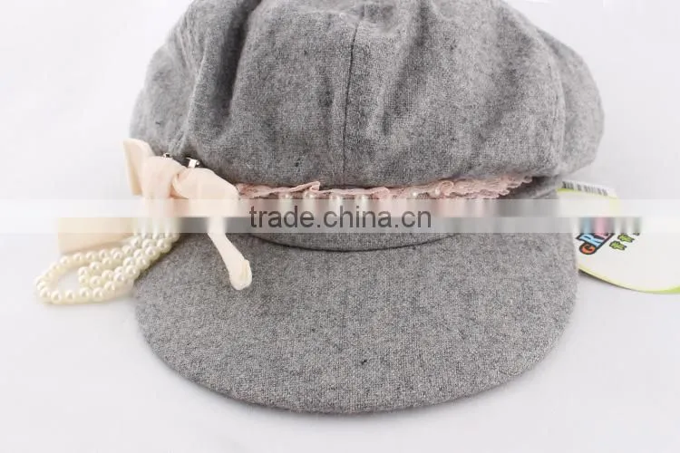 2015 New style original baby girls peaked baseball beret cap with bownot and pearls