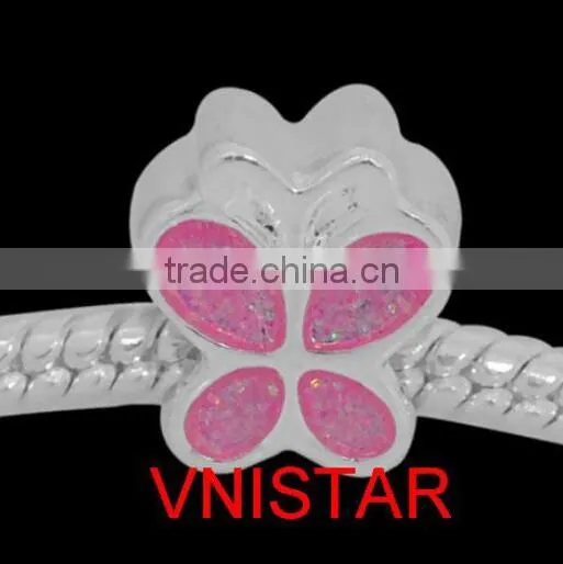Vnistar silver plated pink enamel butterfly shaped european beads for bead bracelet necklace PBD2209