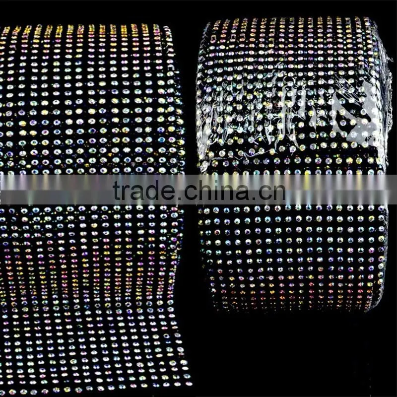 Lower Price Crystal Rhinestone Stetch Mesh Sheets Trimming, Diamond Rhinestone Ribbon Banding with Plastic for Party
