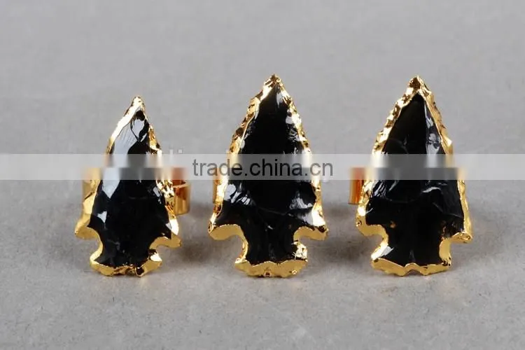 Natural rough black obsidian stone arrowhead ring jewelry
