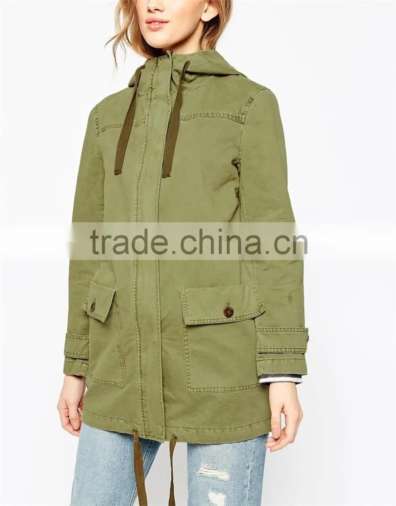women parka coat with hood and drawstring army uniform style OEM service