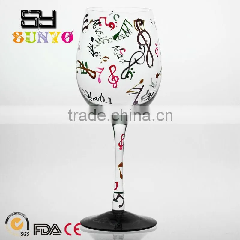 Clear leadfree black base bottom colored music decal large wine glass set holiday gift