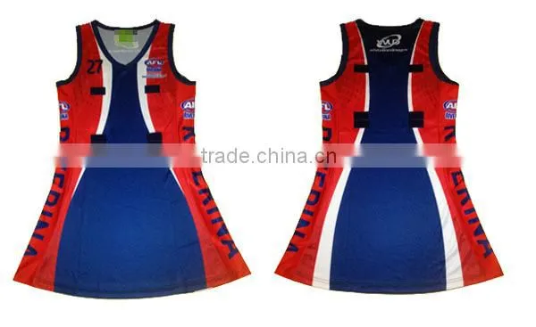 Sublimated printing netball dress color red and blue