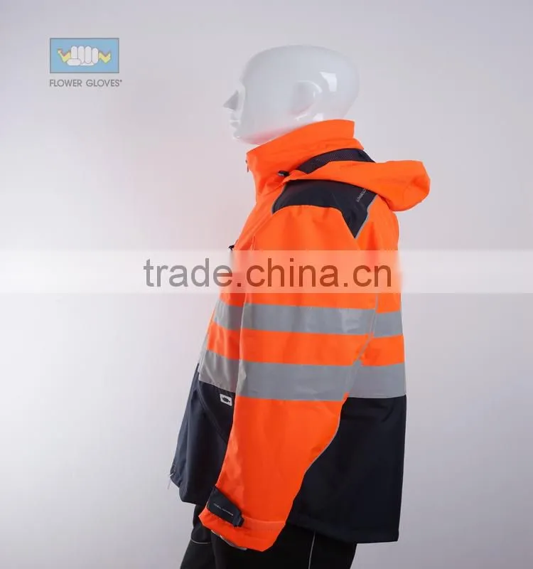 High visibility orange waterproof pu jacket with EN343 EN20471