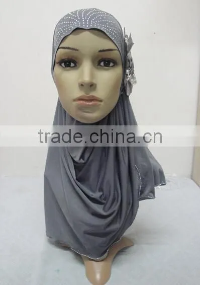 H289 latest one piece instant hijab with flower and rhinestones