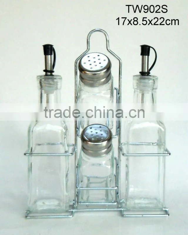 4pcs ceramic salt pepper oil vinegar set with me tal rack (TW902)