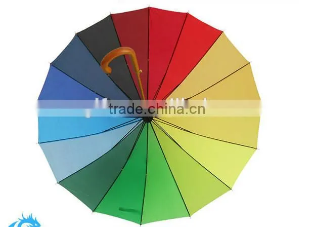 23"*16K auto open Straight rainbow Umbrella with wooden shaft and handle
