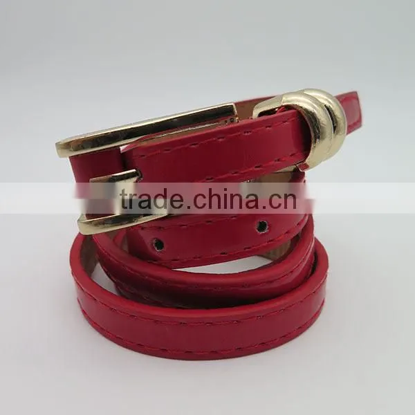 Gold plated alloy buckle leather girl's red skinny belt