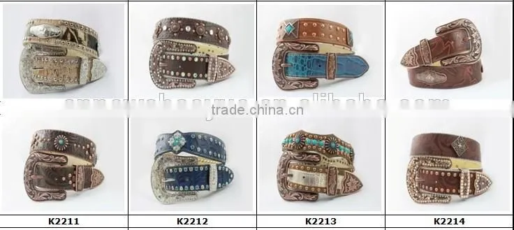 2016 New Design Western rhinestone leather belt with crystals circle chains and studs embedded