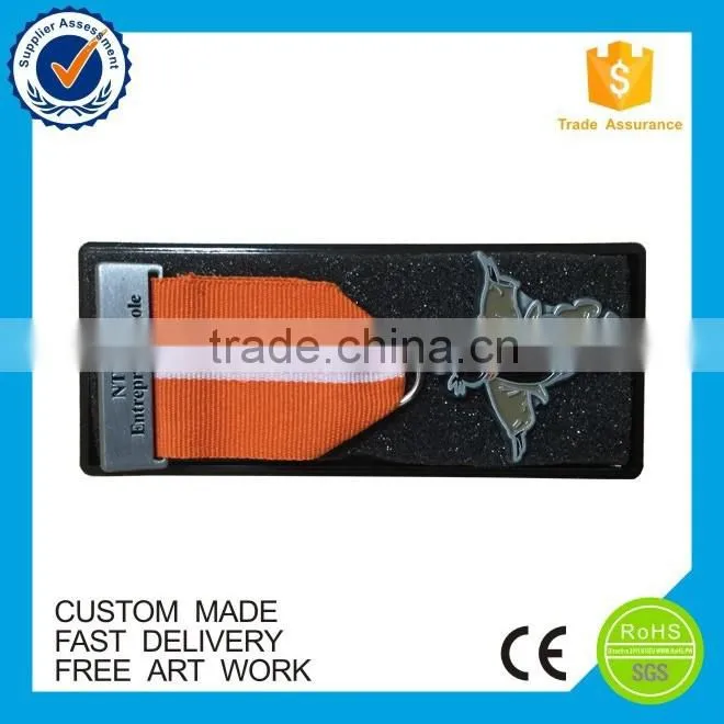 Custom orange ribbon metal award medal with plastic box