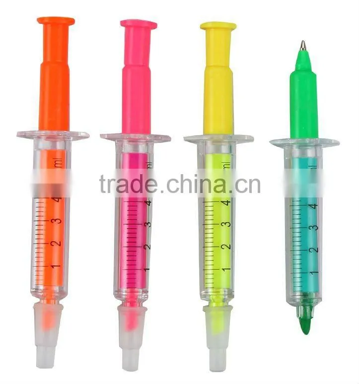 syringe shape highlighter / injection shape/needle tube shape highlighter/highlighter pen with ball penball pen with highlighter