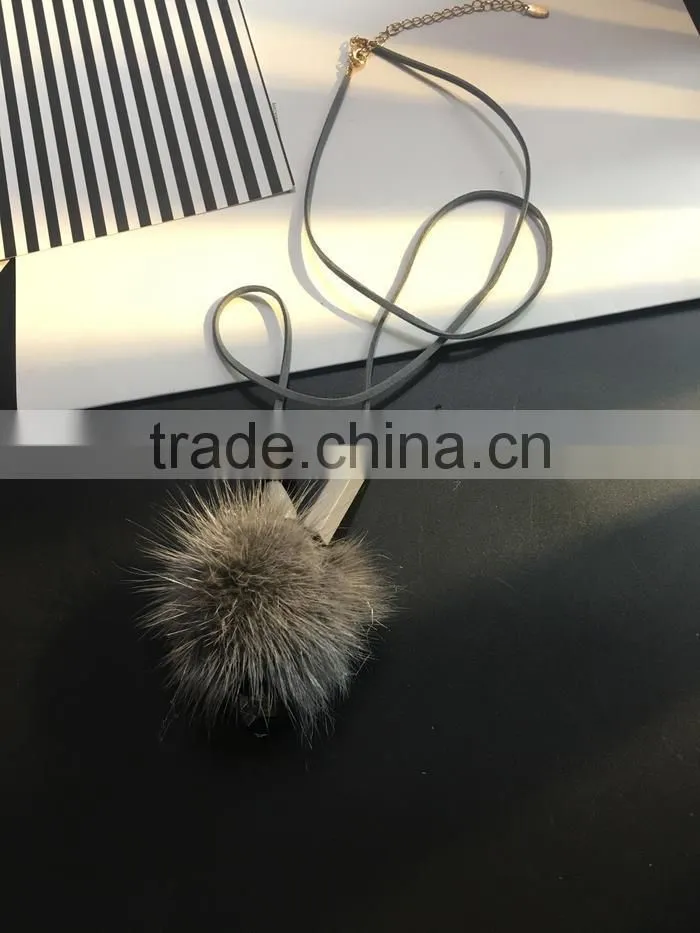 winter mink fur ball pendant necklace geometric bead suede leather necklace velvet leather necklace