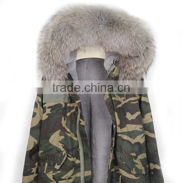 CX-G-P-10A Genuine Faux Fur Coat With Raccoon Fur Collar