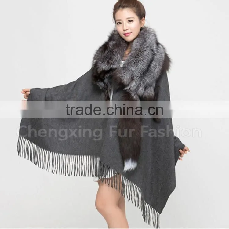 CX-B-P-53B Tassels Decoration Women's Fashion Fox Fur Trim Pashmina Shawl