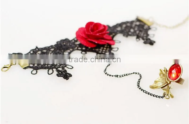 Beautiful rose charm jewelry sets lace flower bracelet wrap with diamond ring