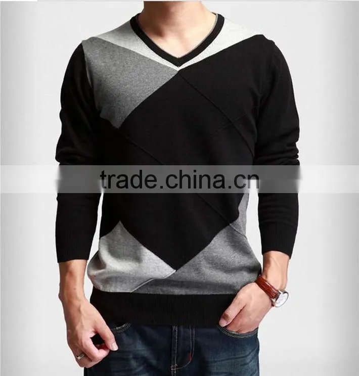 2014 new fashion design mens leisure style knit sweater ,v-neck splicing knit colors slim-fitting sweaters