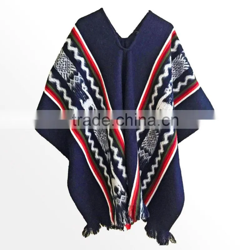 3/4 sleeve super soft warm Geometric pattern 100% llama wool poncho