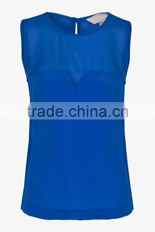 Round Neck Sleeveless Chiffon Blouse with Sheer Top